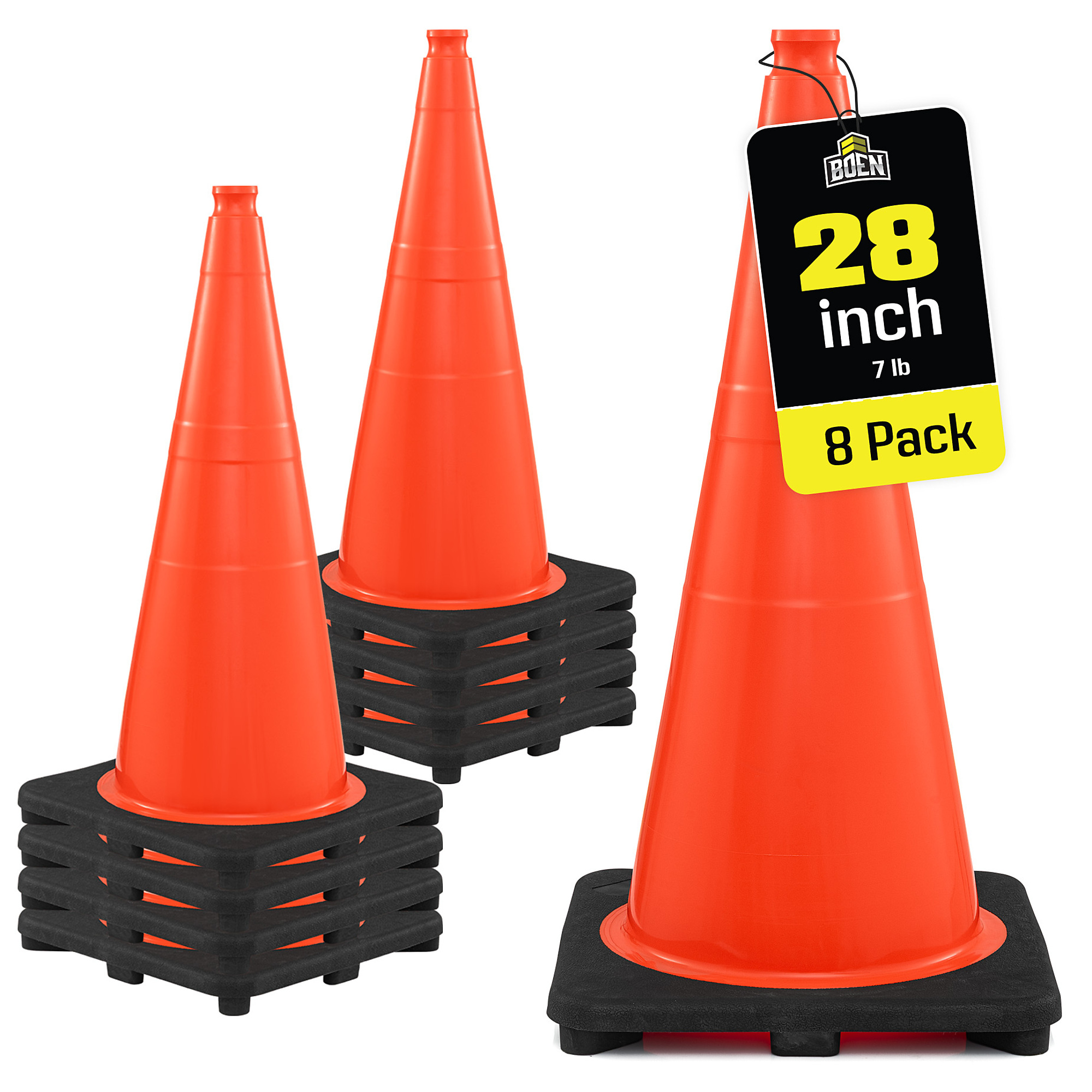 Boen 28 in, Orange Traffic Cone, 8-Pack, High-Visibility Safety Cones with 7 lb. Base for Parking, Road Work & Traffic Control